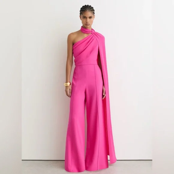 NWT REISS One-Shoulder Drape Wide-Leg Jumpsuit in Raspberry Pink - Picture 1 of 9